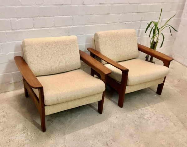 1/2 Vintage Easy Chair, Danish 1970's, Sessel, Teakholz, Teak, Danish Design, helle, Wollbezugsstoff, Mid Century, 1960'60er, 70er, Lounge, Set, Designklassiker