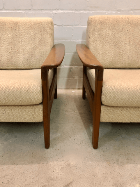 1/2 Vintage Easy Chair, Danish 1970's, Sessel, Teakholz, Teak, Danish Design, helle, Wollbezugsstoff, Mid Century, 1960'60er, 70er, Lounge, Set, Designklassiker