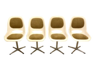 4er Set, Mid Century Dining Chairs, Kunststoff, weiß, gepolstert, Vintage, Oliv, verchromt, Stativ, drehbar, 1960's, 1970's, 60er, 70er, Fiberglass, Designklassiker, W.Renz, Rar, Space Age
