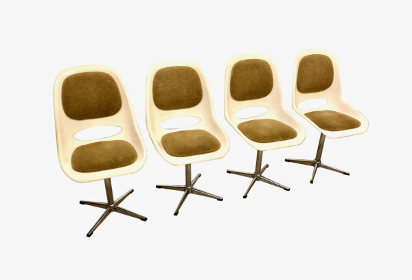 4er Set, Mid Century Dining Chairs, Kunststoff, weiß, gepolstert, Vintage, Oliv, verchromt, Stativ, drehbar, 1960's, 1970's, 60er, 70er, Fiberglass, Designklassiker, W.Renz, Rar, Space Age
