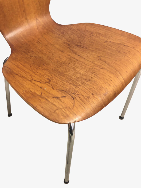 6 Set Teakholz Dining Chairs, Vintage 1960's, Mid Century, Danish Design, verchomt, Gestell, Hammer, Stapelstuhl, 70er, Designklassiker, Stahlrohr,