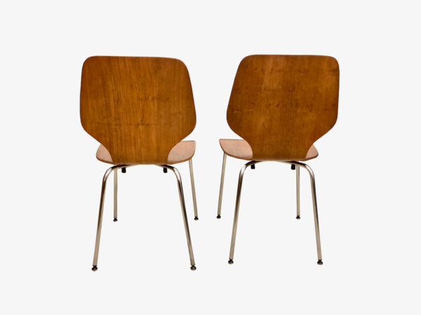 6 Set Teakholz Dining Chairs, Vintage 1960's, Mid Century, Danish Design, verchomt, Gestell, Hammer, Stapelstuhl, 70er, Designklassiker, Stahlrohr,
