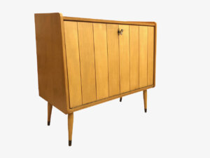 Mid Century Schuhschrank, 1950's, Kommode, Messing, Nadelstreifen, verschließbar, Ablagefach, hell, Rüster, Ulme, schmal, kompakt, rockabilly, Designklassiker, true Vintage