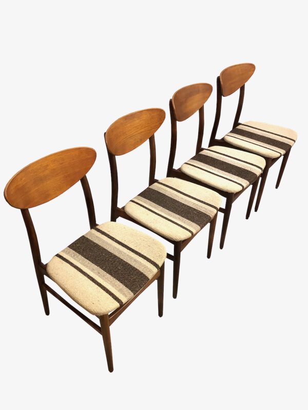 4er Set Farstrup Dining Chairs, 1960's, Esszimmerstühle, Teak, Danish Design, Designklassiker, Made in Denmark, Vintage, 1970, leicht, filigran, Teakholz, Teakwood, Wollbezug, gewebt