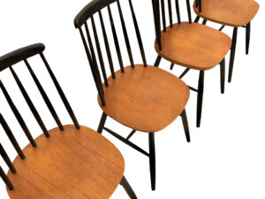 4er Set Dining, Chairs Ilmari Tapiovaara 1960's, Esszimmerstühle, Sprossenstühle, Mid Century, Vintage, schwarz, Teak, Danish Design, Designklassiker, filigran, leicht, Kontrast, 1970, 1950,