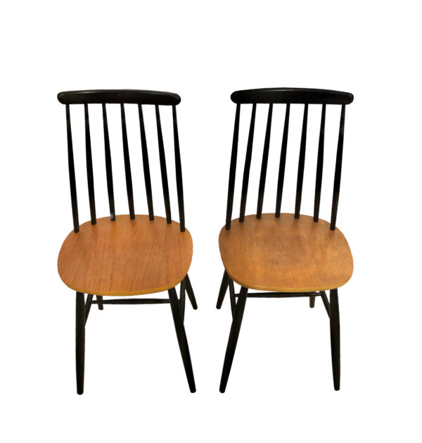 4er Set Dining, Chairs Ilmari Tapiovaara 1960's, Esszimmerstühle, Sprossenstühle, Mid Century, Vintage, schwarz, Teak, Danish Design, Designklassiker, filigran, leicht, Kontrast, 1970, 1950,