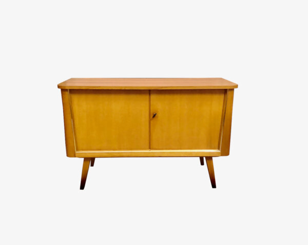 Mid Century Kommode, 1950's, Sideboard, Rockabilly, Klassiker, Design, Messing, Rüster, Ulme, helles Holz, verschließbar, Anrichte, Phonoschrank,