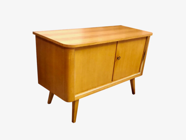 Mid Century Kommode, 1950's, Sideboard, Rockabilly, Klassiker, Design, Messing, Rüster, Ulme, helles Holz, verschließbar, Anrichte, Phonoschrank,