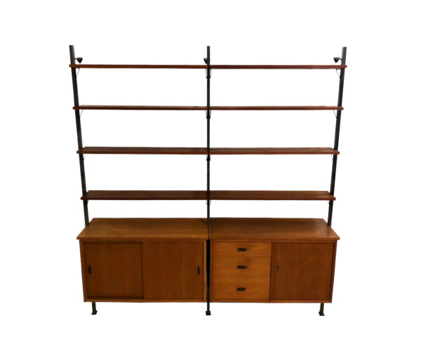 Teak Regalwand 1960's, Olof Pira, Bücherregal, Mid Century, Vintage, Danish Design, Teakholz, Teawood, Shelf, String, Metallständer, Anthrazit, Schubladen, verschließbar, Schiebetüren, Designklassiker, Bibliothek, Wandbefestigung, 1970, 70er