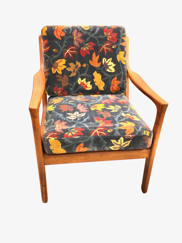 Easy Chair Ole Wanscher 1960's, Sessel, Teak, Danish Design, Armlehnen, Lounge, bequem, Komfort, Designklassiker, Made in Denmark, 1970, Vintage, Polster, floral, Muster, Blumen, Blätter