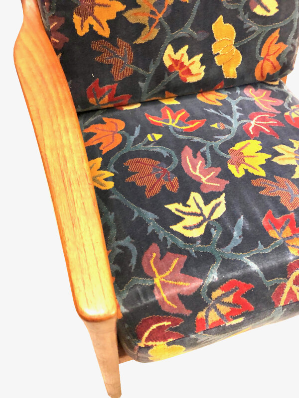 Easy Chair Ole Wanscher 1960's, Sessel, Teak, Danish Design, Armlehnen, Lounge, bequem, Komfort, Designklassiker, Made in Denmark, 1970, Vintage, Polster, floral, Muster, Blumen, Blätter