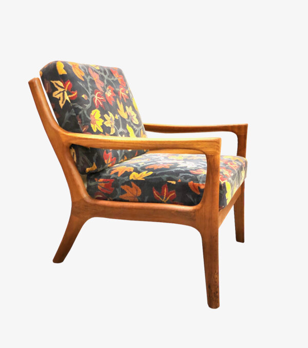 Easy Chair Ole Wanscher 1960's, Sessel, Teak, Danish Design, Armlehnen, Lounge, bequem, Komfort, Designklassiker, Made in Denmark, 1970, Vintage, Polster, floral, Muster, Blumen, Blätter