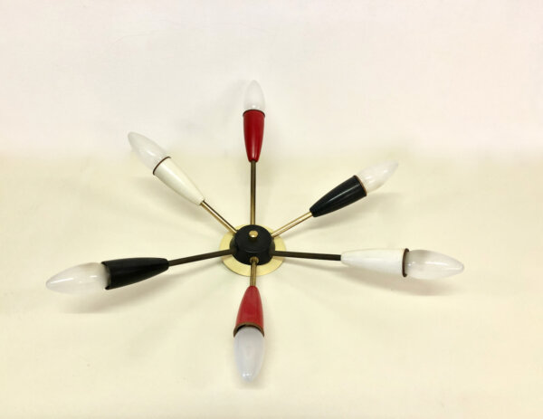 Große Sputnik Lampe 1950's, Deckenleuchte, Mid Century, Vintage, Design, Klassiker, Wandleuchte, schwarz, weiß, rot, Spinnenlampe, E14, Messing, Metall, 1960, 60er, 50er