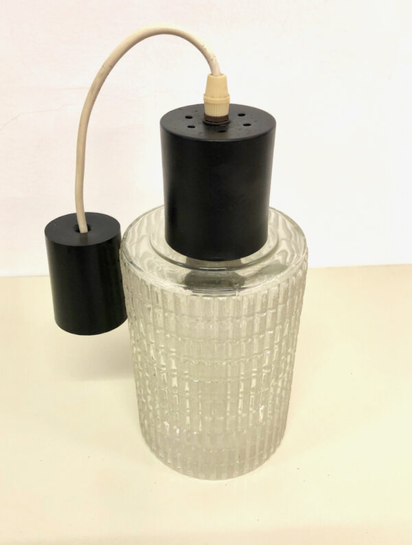 Kristallglas Lampe true Vintage, 1970's, Mid Century, Glaslampe, Hängelampe, Flurlampe, 70er, 60er, zylindrisch, Kunststoff schwarz
