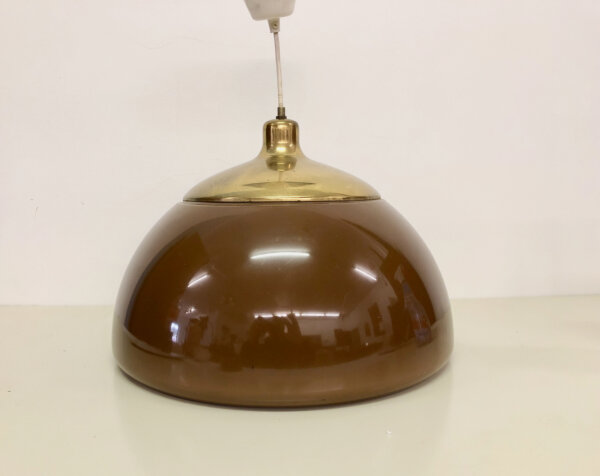 Space Age Deckenleuchte 1970's, rund, braun, weiß, Messing, Kunststoff, Hängelampe, Küchenlampe, Vintage, Mid Century, Design, 1950, 1960