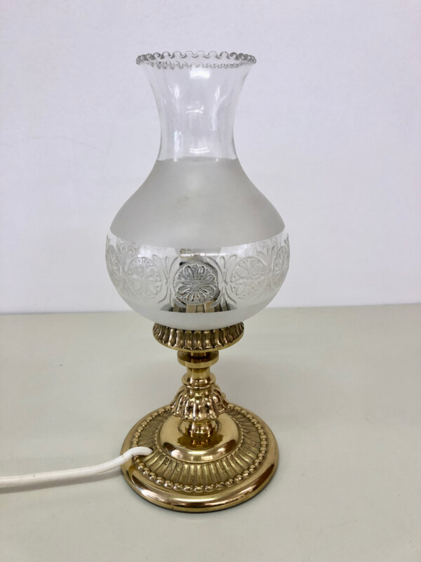 Mid Century Tischlampe, Messing, konisch, Kristallglass, Nachtischlampe, Kugellampe, Vintage, 1950, 1960, 1970, Klassiker, Lampe