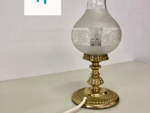 Mid Century Tischlampe, Messing, konisch, Kristallglass, Nachtischlampe, Kugellampe, Vintage, 1950, 1960, 1970, Klassiker, Lampe