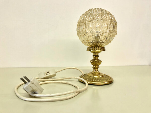 Mid Century Tischlampe, Messing, Glaskugel, Kristallglass, Nachtischlampe, Kugellampe, Vintage, 1950, 1960, 1970, Klassiker, Lampe