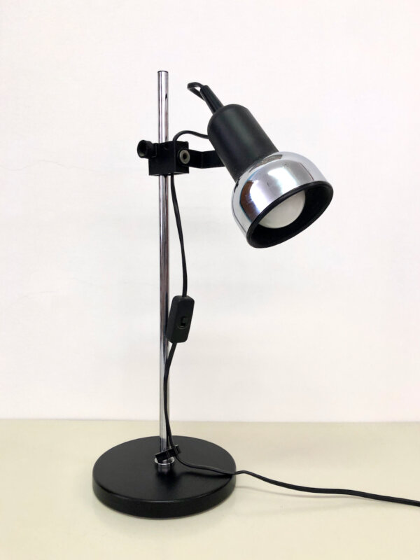 Vintage Schreibtischlampe 1970's, Mid Century, Chrom, schwarz, höhenverstellbar, schwarzer Tellerfuß, Architekt, Lampe, Tischlampe, 1960