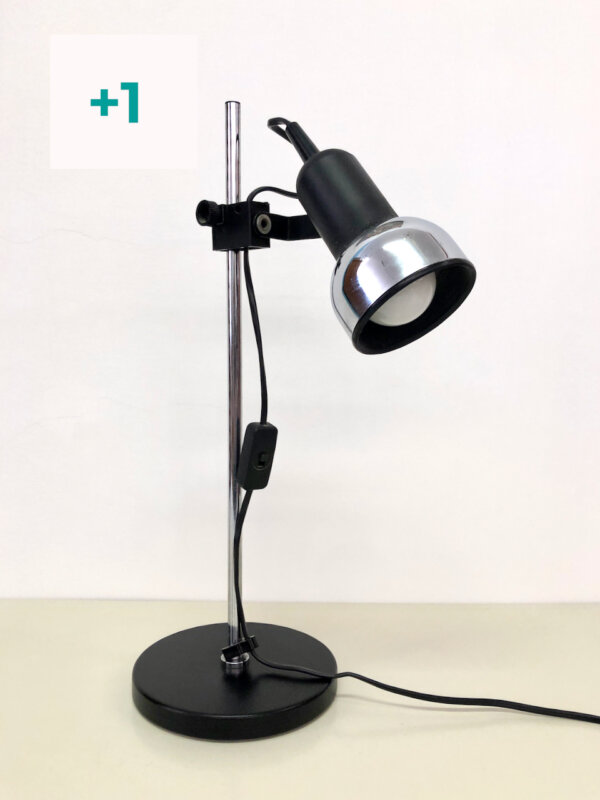 Vintage Schreibtischlampe 1970's, Mid Century, Chrom, schwarz, höhenverstellbar, schwarzer Tellerfuß, Architekt, Lampe, Tischlampe, 1960