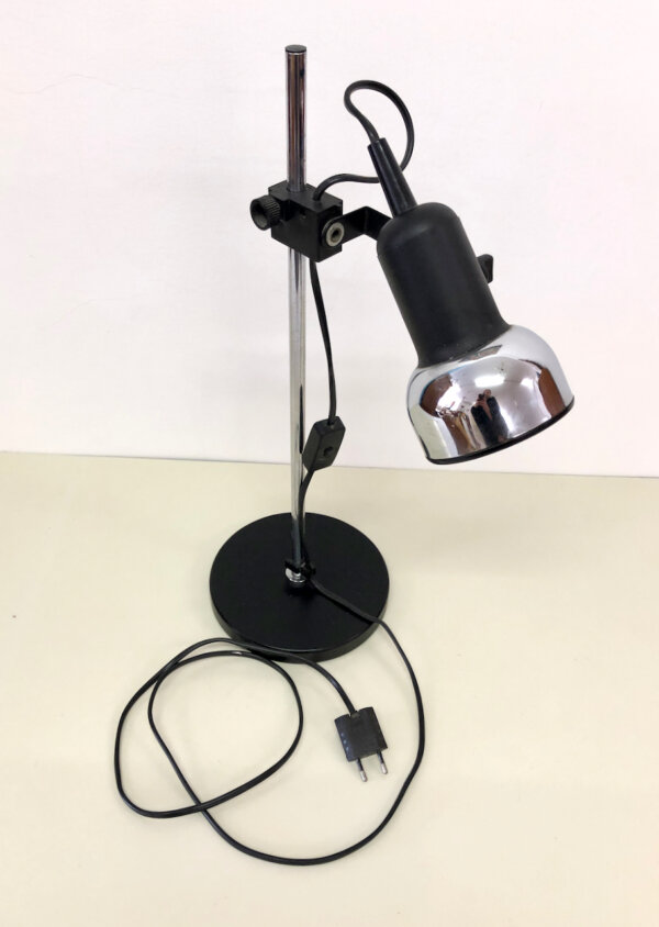 Vintage Schreibtischlampe 1970's, Mid Century, Chrom, schwarz, höhenverstellbar, schwarzer Tellerfuß, Architekt, Lampe, Tischlampe, 1960