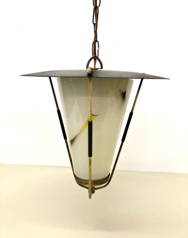 Mid Century Glaslaterne, 1960, Hängelampe, Vintage, Metall, Messing, Kette, Deckenlampe, 1970, 1950, schwarz