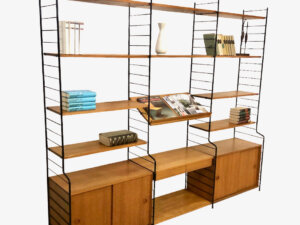 WHB Standregal Vintage 1960's, Teak, Regalsystem, Bücherregal, String, Leiterregal, Danish Design, Schrankelemente, Schiebetüren, Zeitungsablage, Schubladen, Bibliothek, 1970, Mid Century