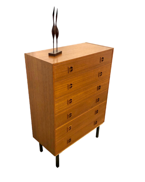 Vintage Teak Highboard 1970's, Kommode, 6 Schubladen, Teakholz, Sideboard, Schrank, Flurkommode, Danish Design , Designklassiker, Mid Century, 1960's, Metallfüße schwarz, Made in Denmark, Skandinvian