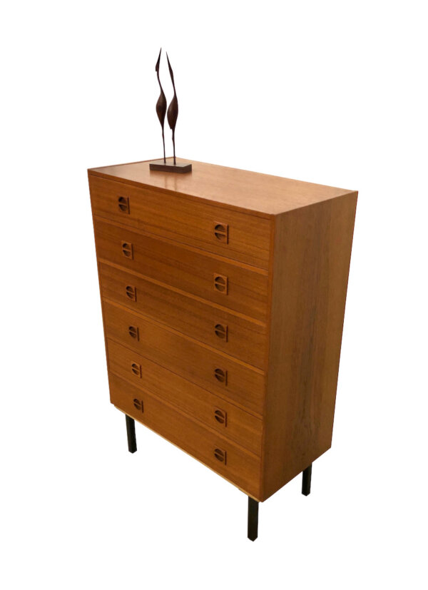 Vintage Teak Highboard 1970's, Kommode, 6 Schubladen, Teakholz, Sideboard, Schrank, Flurkommode, Danish Design , Designklassiker, Mid Century, 1960's, Metallfüße schwarz, Made in Denmark, Skandinvian