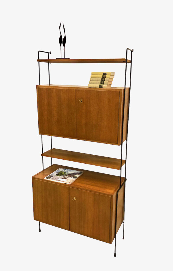 Omnia Teakholz Standregal 1960s, Hilker, Bücherregal, Wandregal, Leiterregal, String, Mid Century, Vintage, verschließbar, Schränke, Designklassiker, 1970's