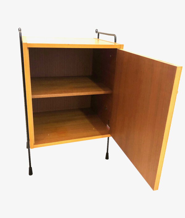 Omnia Stand- & Wandschrank, Hilker, Regalsystem, Leiterregal, Mid Century, Vintage, 1970's, Nachtschrank, Designklassiker, helles Holz, Eiche, Furnier, Ulme, Rüster, verschließbar, Einlegeböden