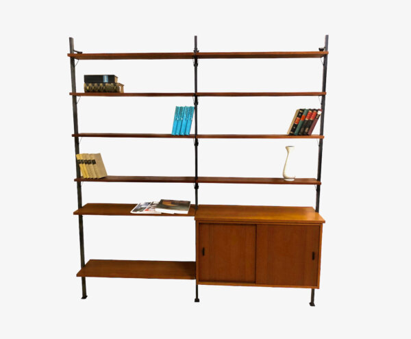 Teak Regalwand 1960's, Olof Pira, Bücherregal, Mid Century, Vintage, Danish Design, Teakholz, Teawood, Shelf, String, Metallständer, Anthrazit, Schubladen, verschließbar, Schiebetüren, Designklassiker, Bibliothek, Wandbefestigung, 1970, 70er