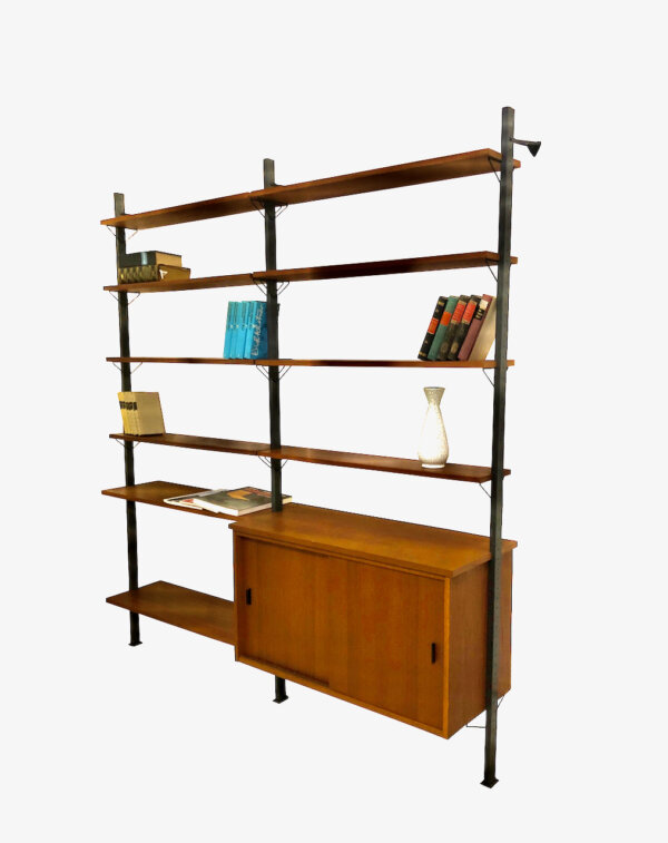 Teak Regalwand 1960's, Olof Pira, Bücherregal, Mid Century, Vintage, Danish Design, Teakholz, Teawood, Shelf, String, Metallständer, Anthrazit, Schubladen, verschließbar, Schiebetüren, Designklassiker, Bibliothek, Wandbefestigung, 1970, 70er