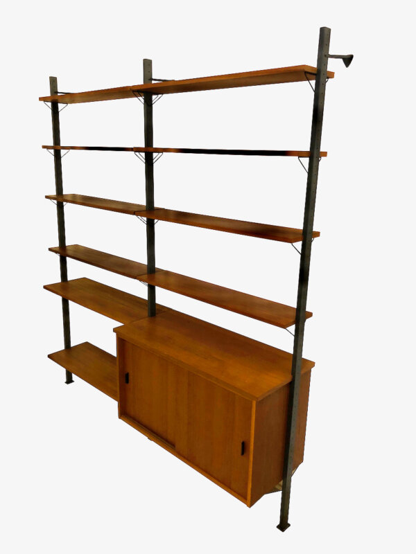 Teak Regalwand 1960's, Olof Pira, Bücherregal, Mid Century, Vintage, Danish Design, Teakholz, Teawood, Shelf, String, Metallständer, Anthrazit, Schubladen, verschließbar, Schiebetüren, Designklassiker, Bibliothek, Wandbefestigung, 1970, 70er