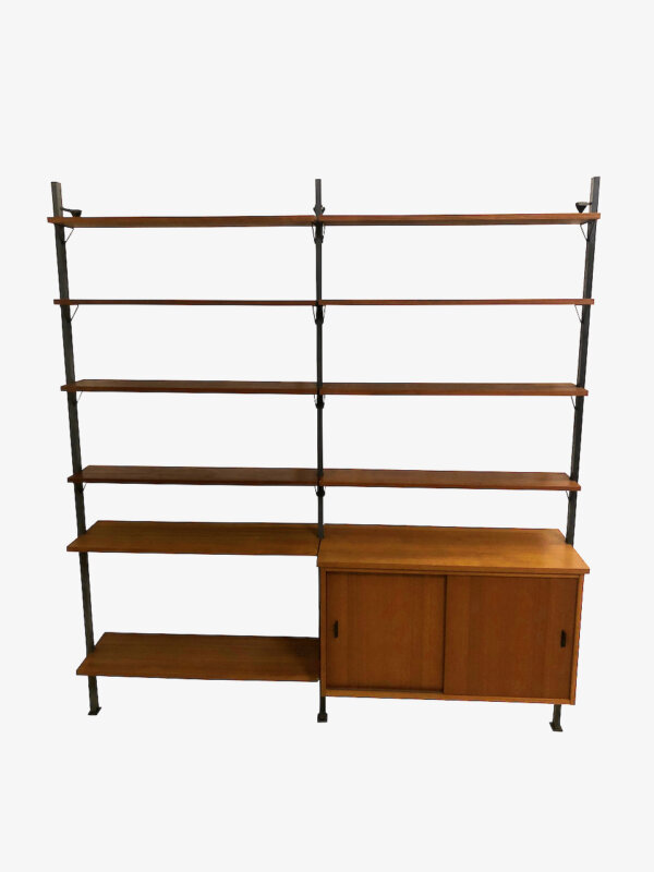 Teak Regalwand 1960's, Olof Pira, Bücherregal, Mid Century, Vintage, Danish Design, Teakholz, Teawood, Shelf, String, Metallständer, Anthrazit, Schubladen, verschließbar, Schiebetüren, Designklassiker, Bibliothek, Wandbefestigung, 1970, 70er