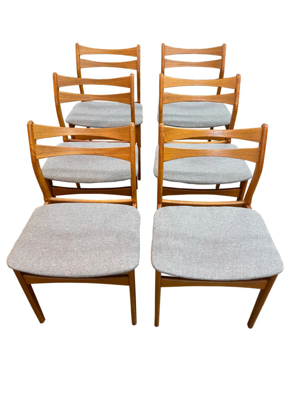 6er Set Teakholz Stühle, Johannes Anderson, für Viborg, 1970's, Danish Design, Vintage, Mid Century, Designklassiker, Dining Chairs, Esszimmerstühle, grau