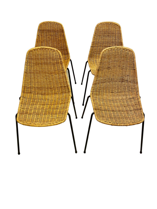 Gianfranco Legler Basket Chairs, 4er Set Korbstühle, Vintage, Mid Century, 1960's, Rattan, Wirechair, Metallgestell, schwarz, Essstühle